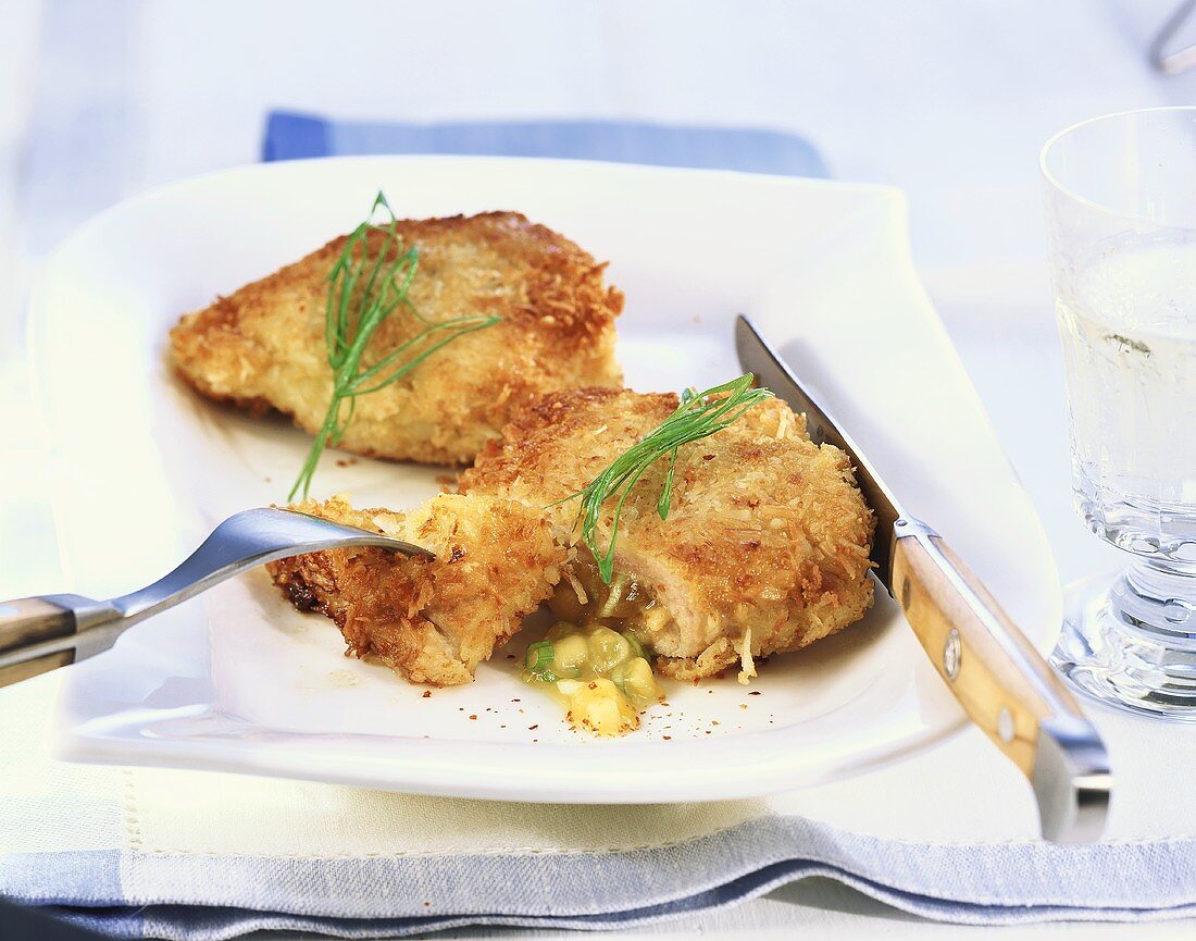 Mango and coconut escalopes