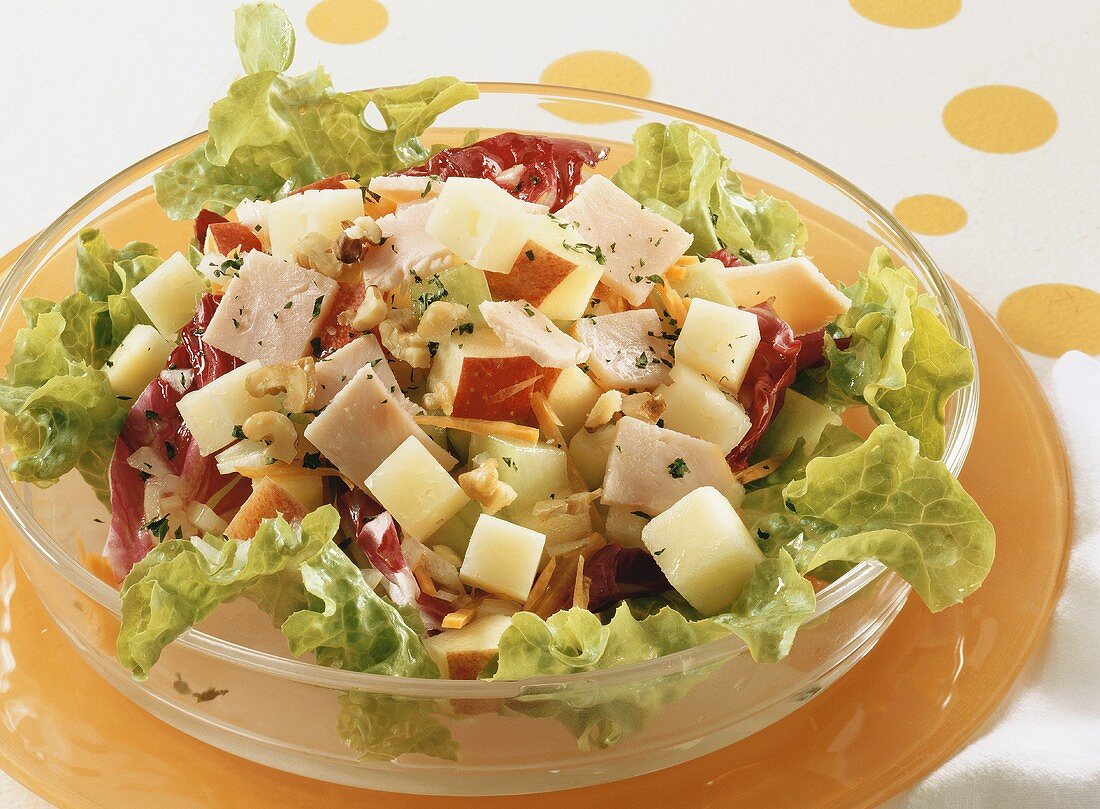 Salad leaves with ham