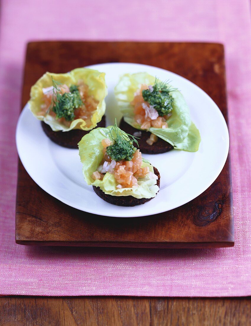 Pumpernickel with salmon tartare and dill pesto