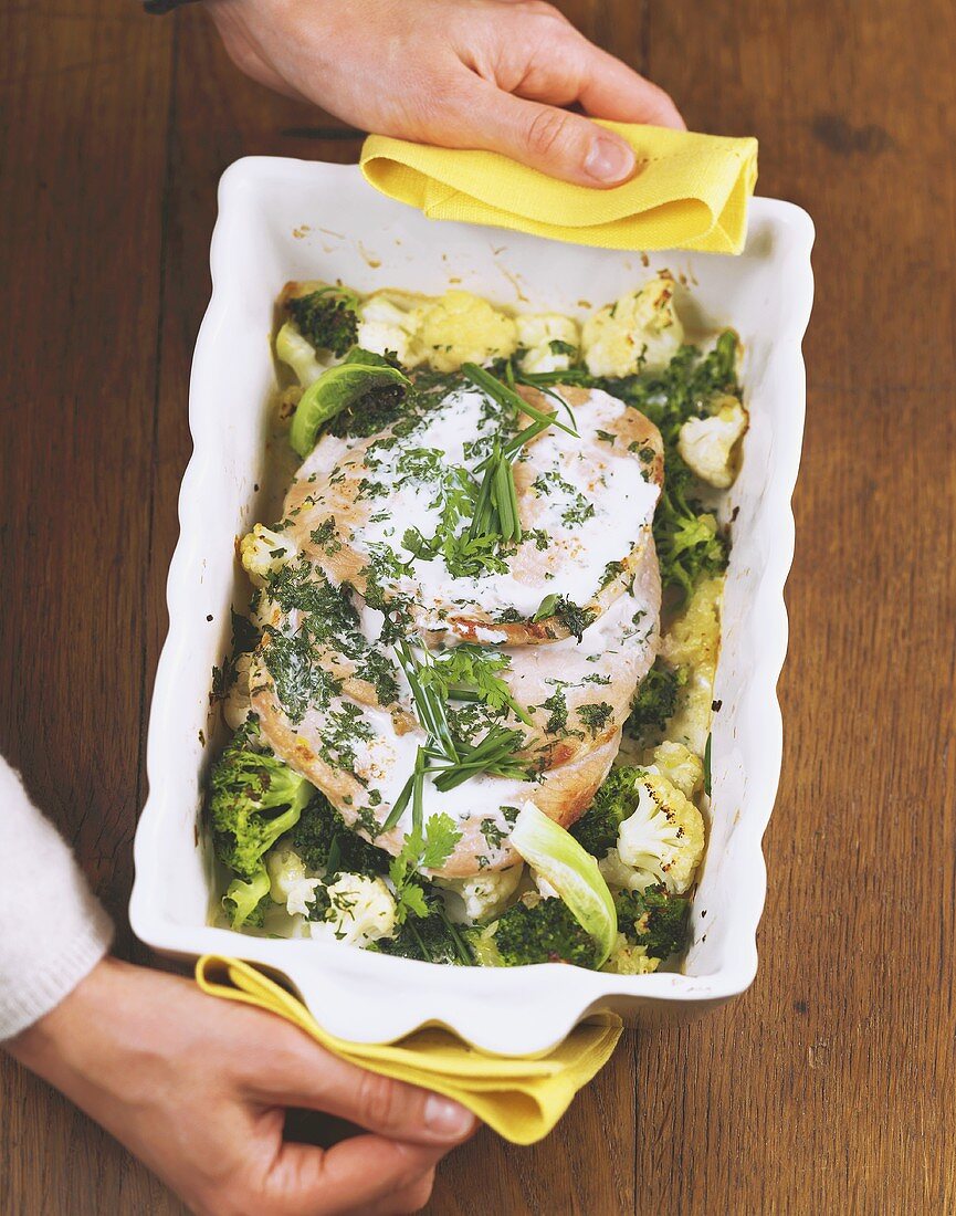 Brussels sprout bake with steaks