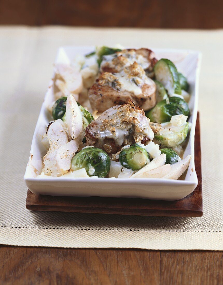 Brussels sprout and celery bake with pork fillet