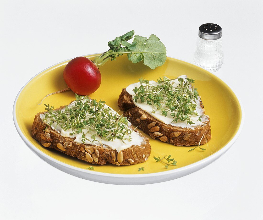 Sunflower bread with butter and cress