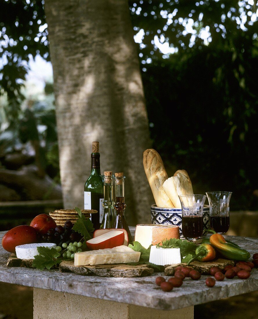 Cheese, baguettes and red wine on table under a tree