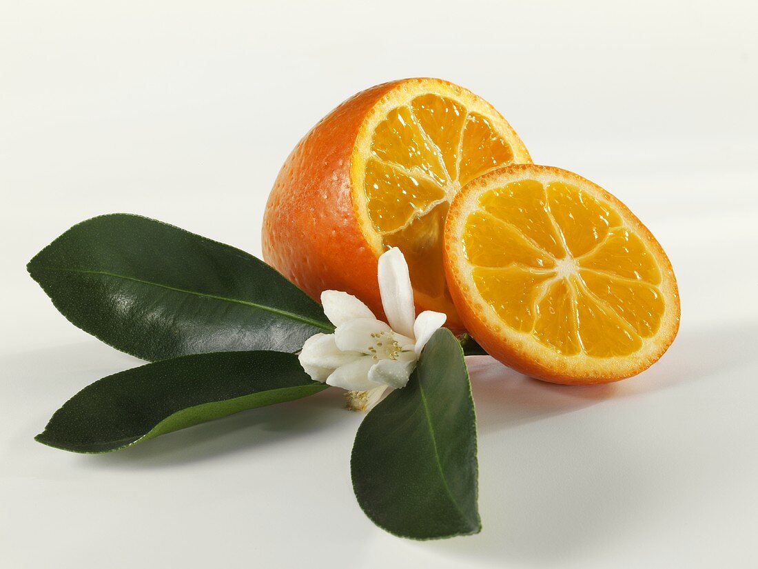 Orange with a slice cut, orange blossom