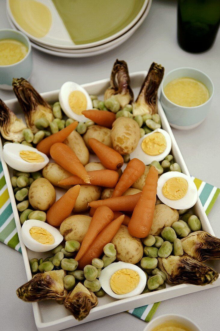 Vegetable platter with boiled eggs and aioli