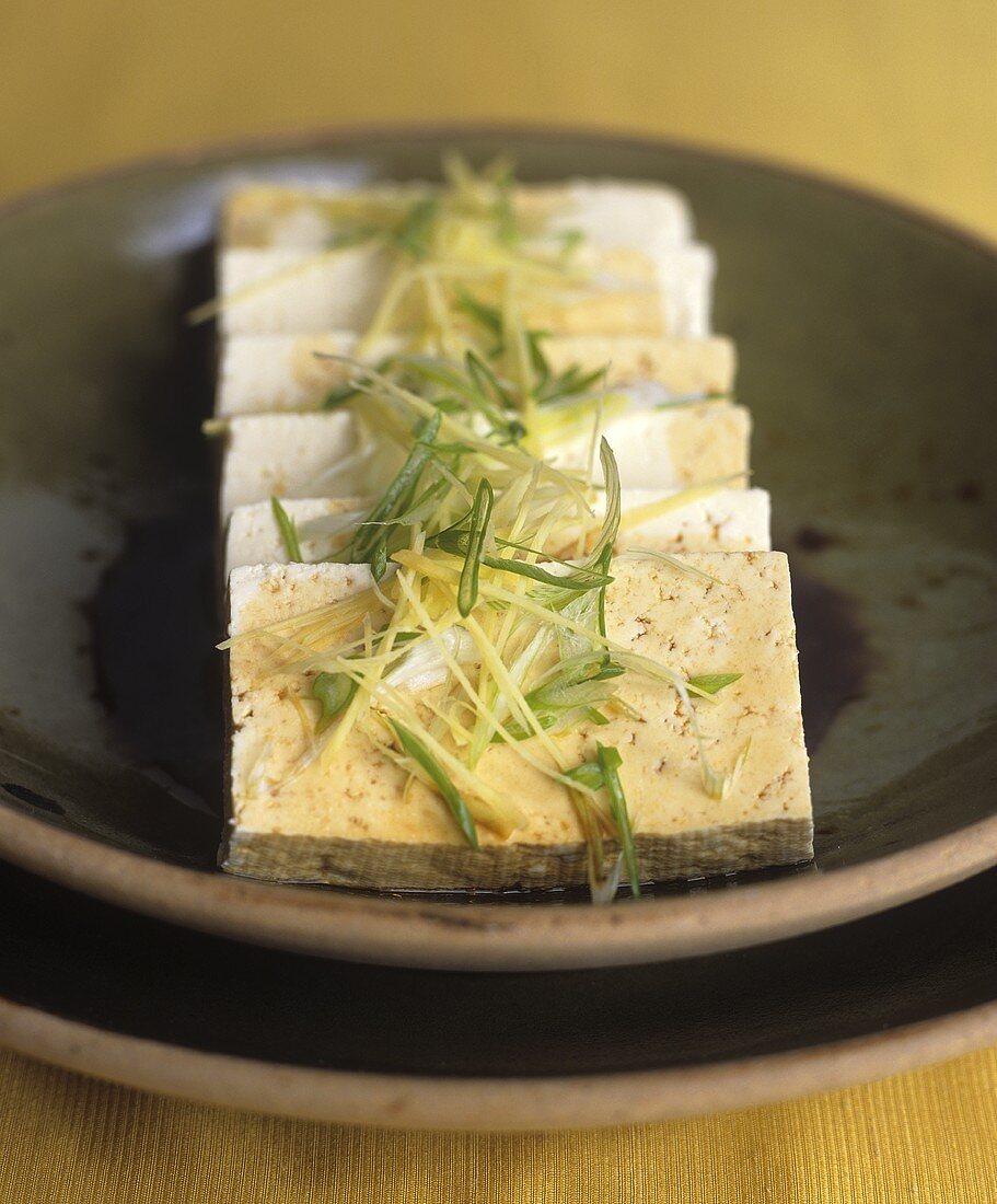 Slices of tofu with spring onions and soy sauce