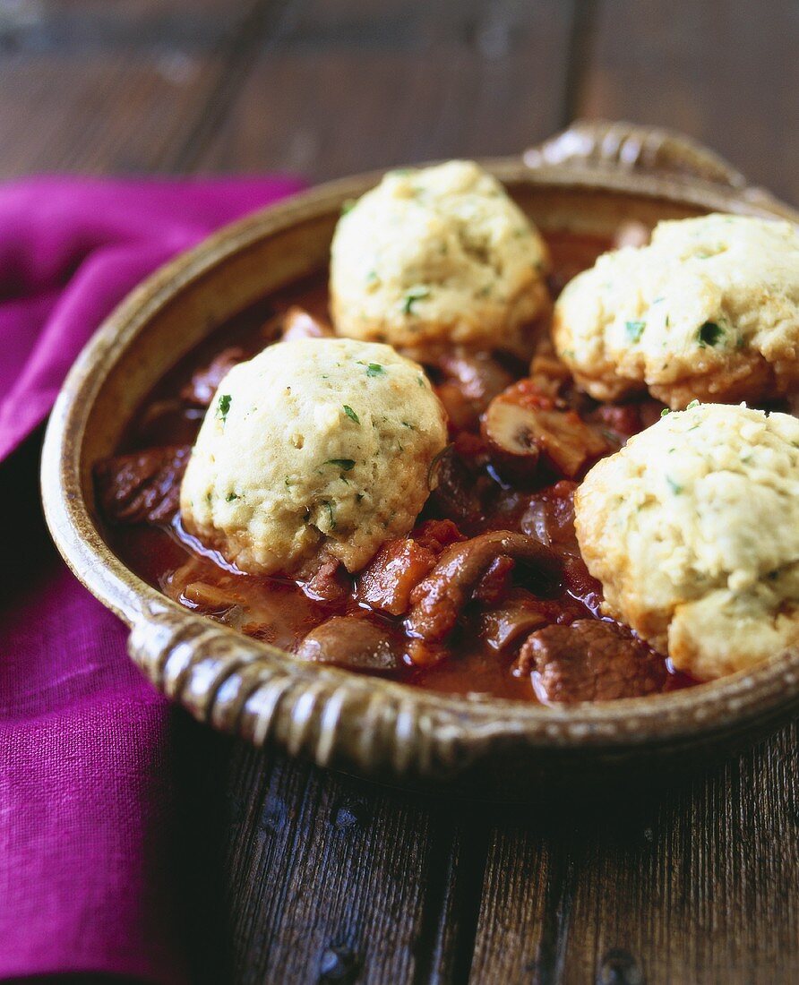 Goulash with mushrooms and bread dumplings