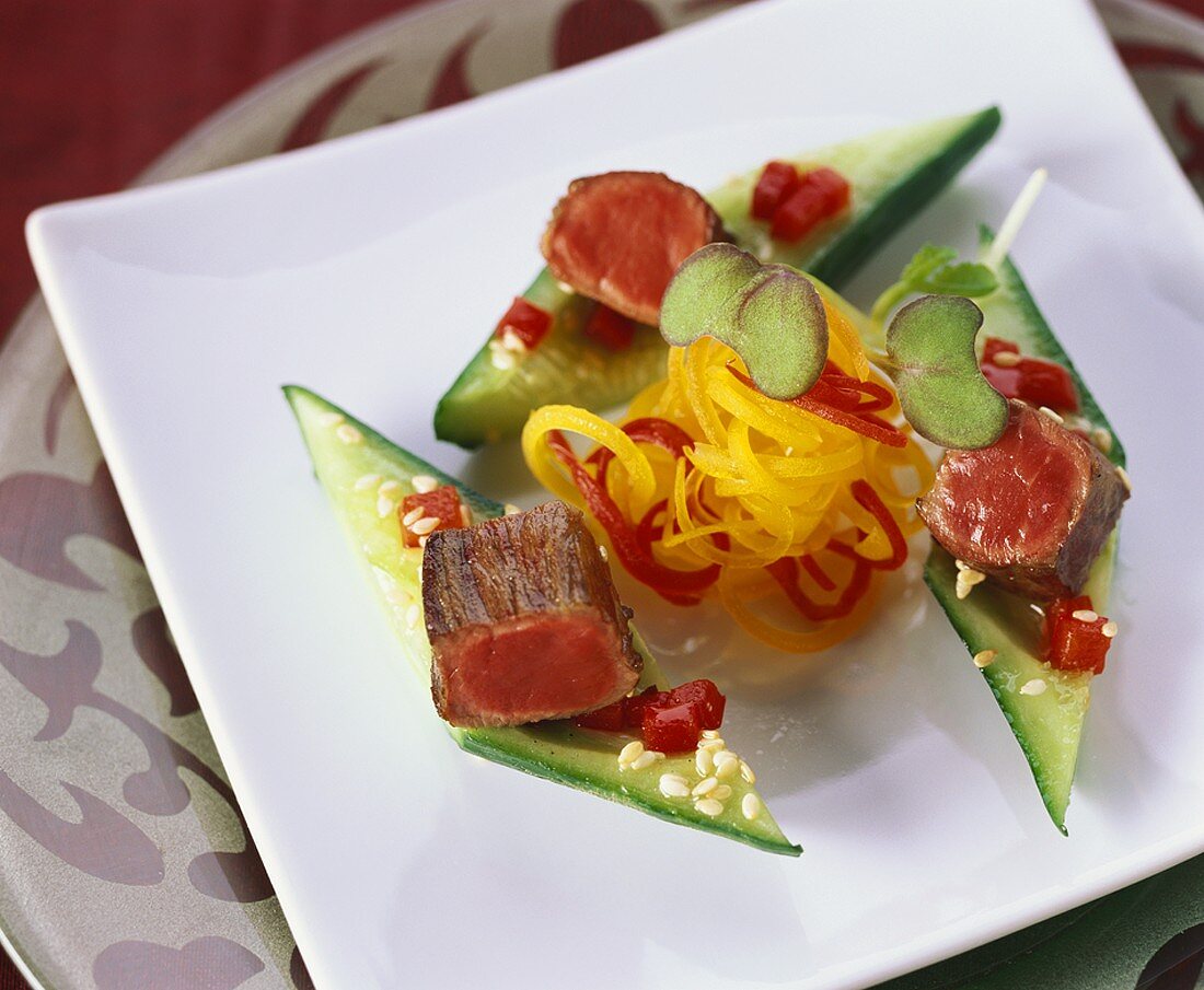 Cucumber and beef appetisers