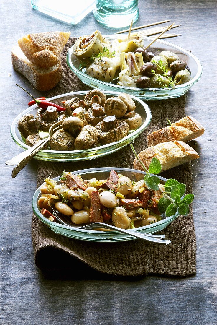 Three bowls of tapas (bean salad, mushrooms, artichokes)