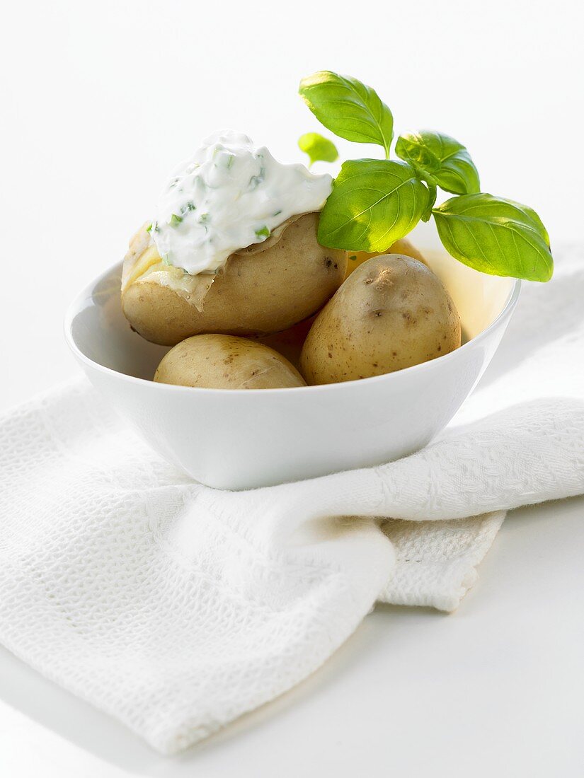 Potatoes cooked in their skins with herb quark & basil in bowl