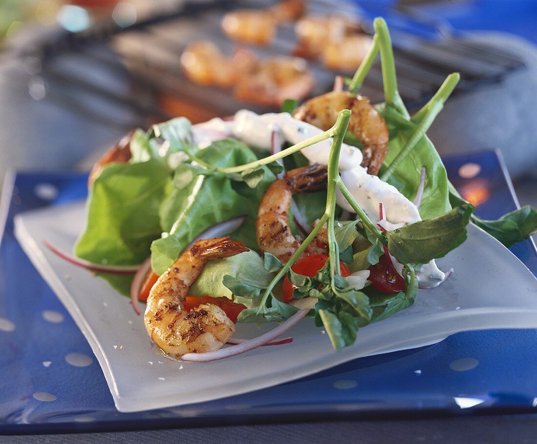 Watercress salad with grilled prawns