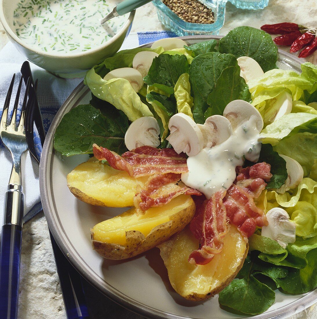 Lettuce with potatoes, bacon and yoghurt dressing