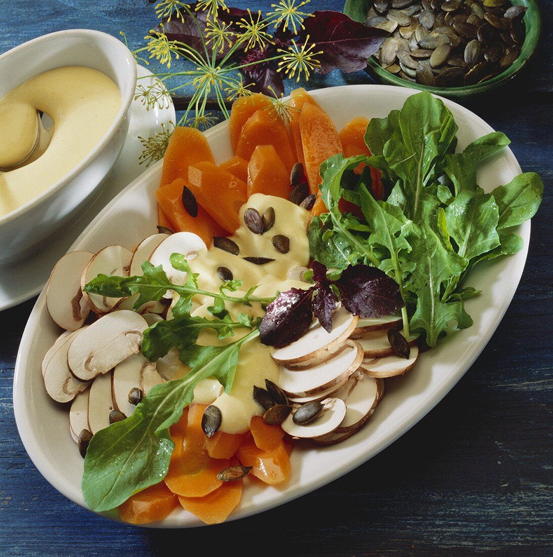 Salad platter with lemon and mustard dressing