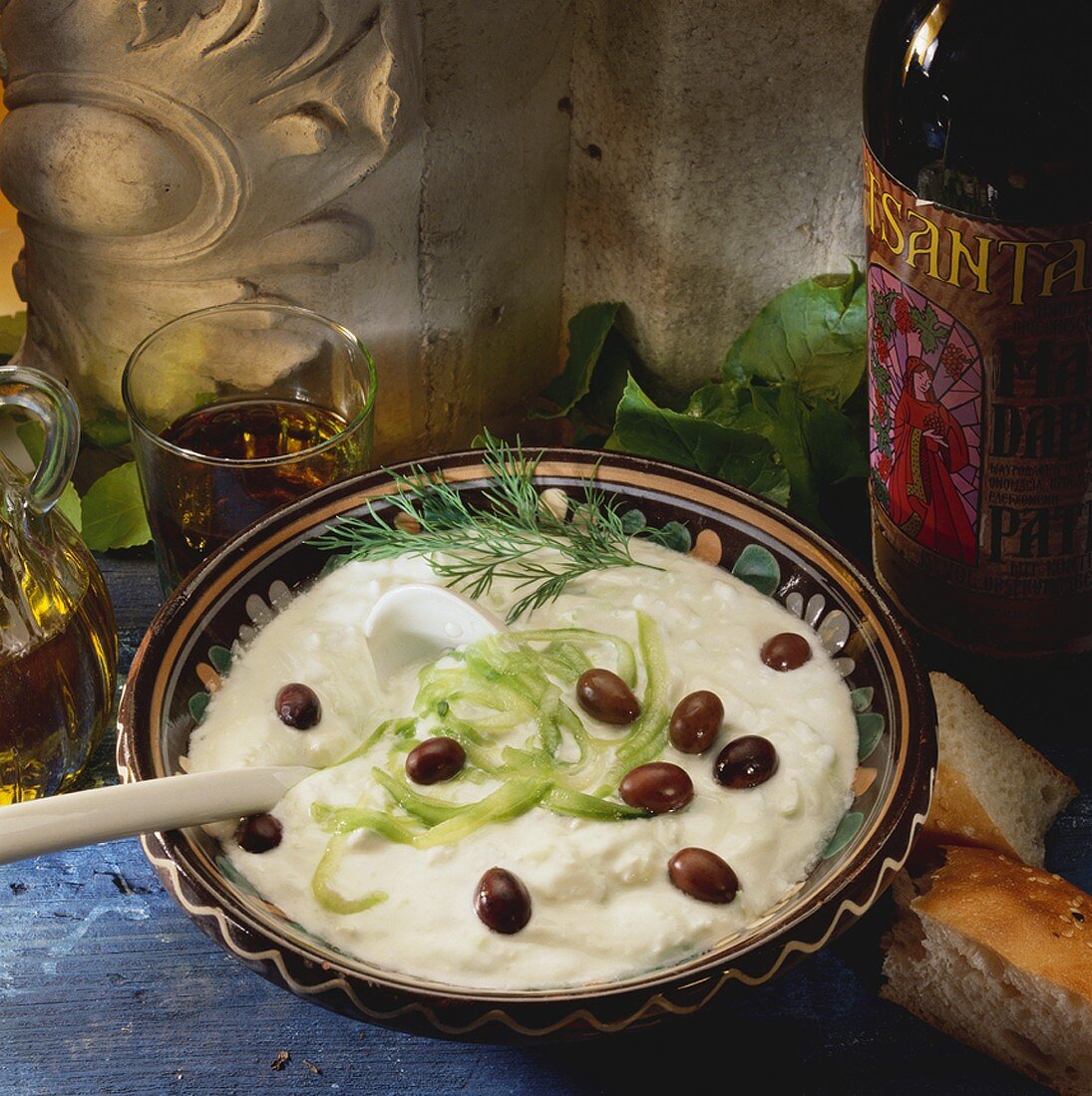 Tzatziki with garlic and olives