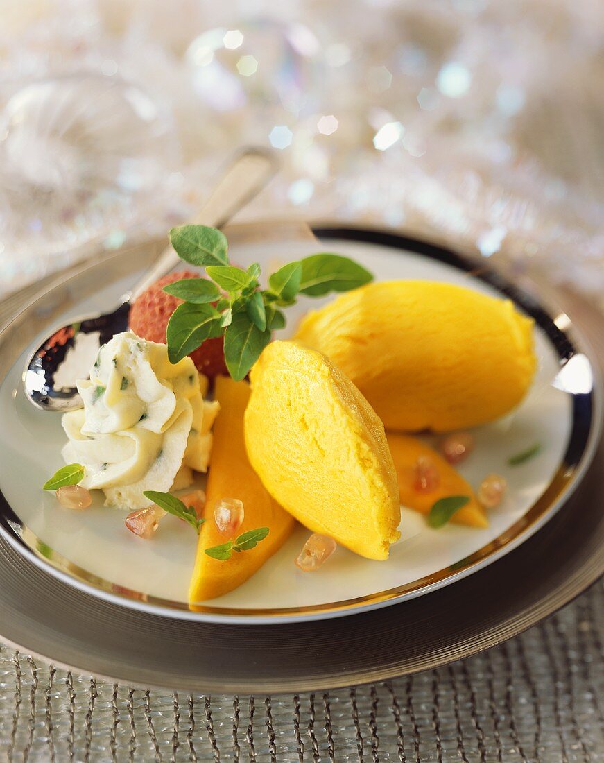 Mango sorbet with basil cream for Christmas