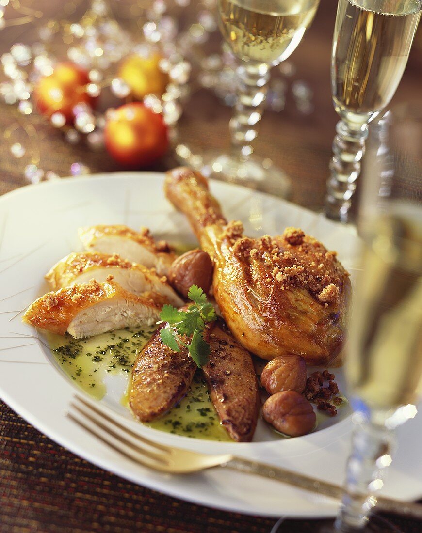 Roast capon with chestnuts, foie gras and coriander sauce