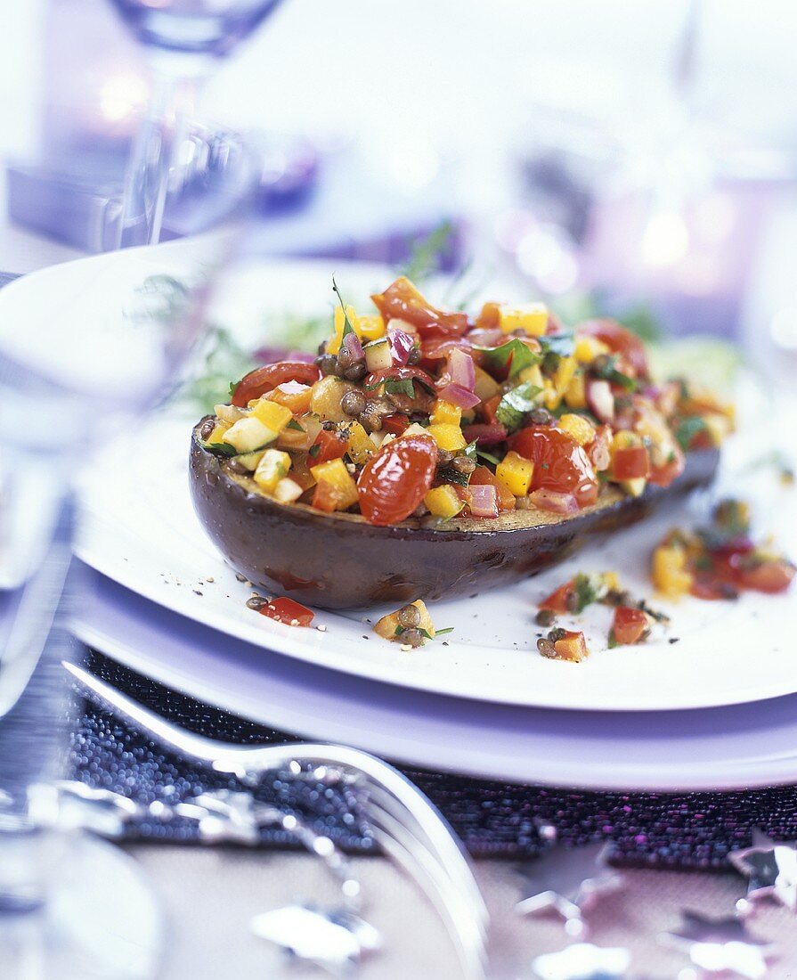 Aubergine with vegetable and mango stuffing