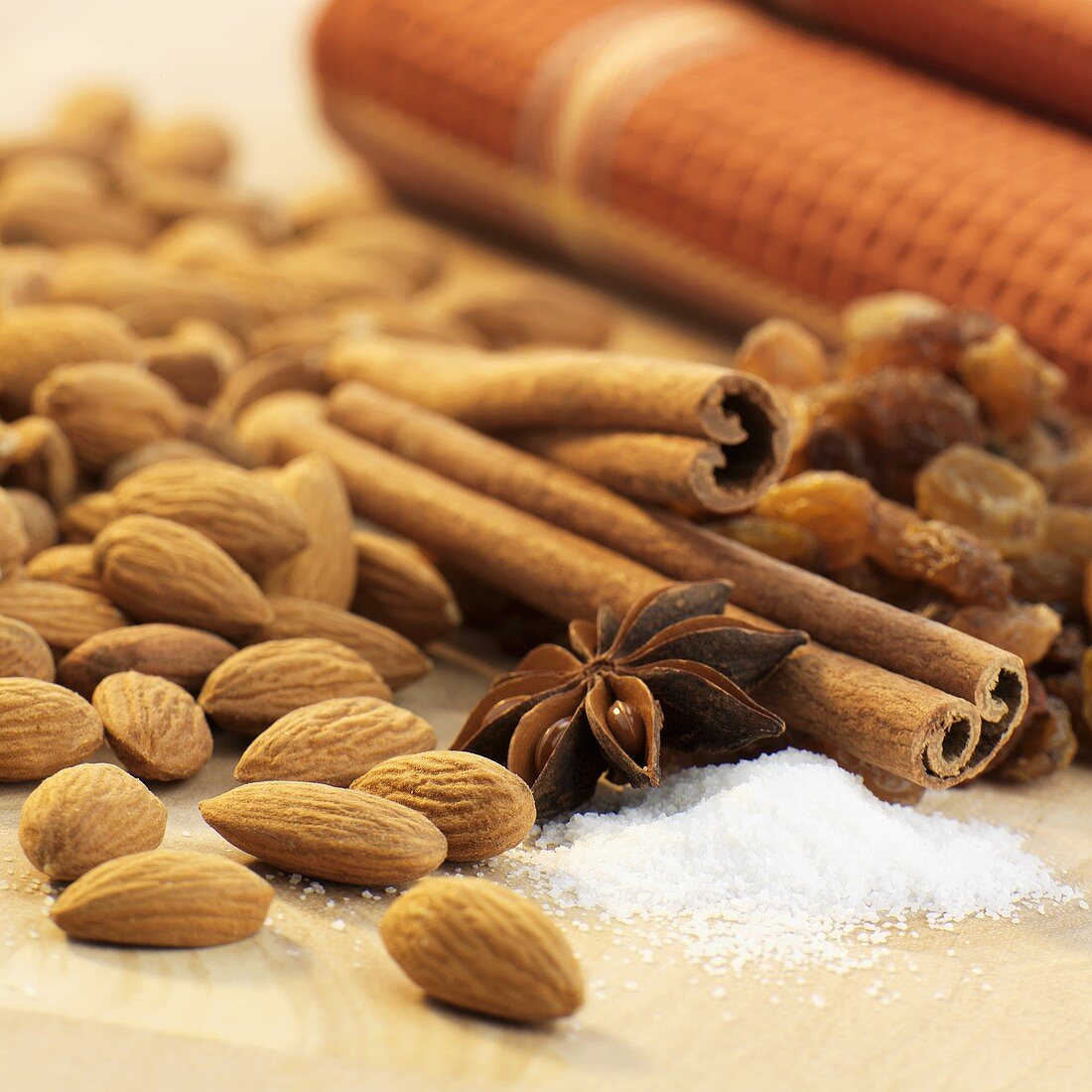 Baking ingredients: almonds, vanilla sugar, star anise, cinnamon