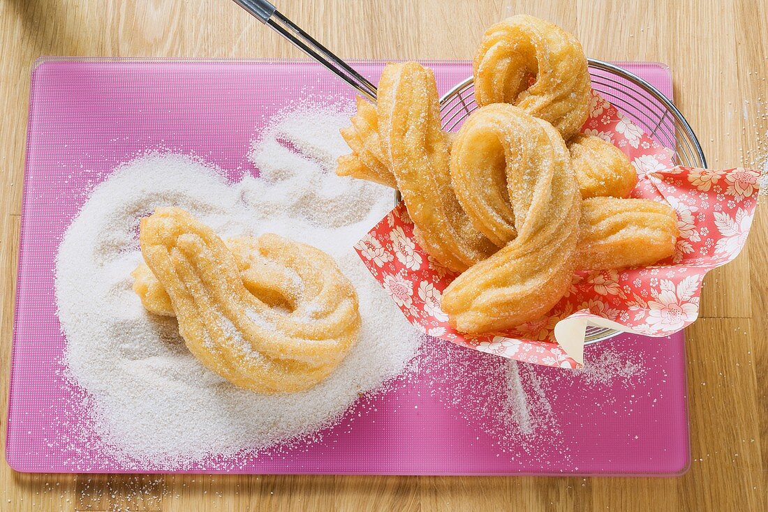 Churros (Spanish fried piped pastries) with cinnamon sugar