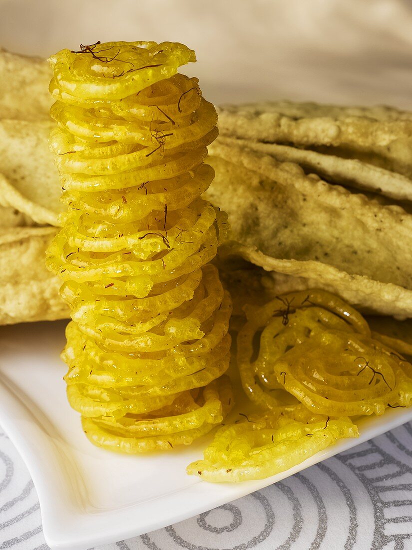 Fafda (chick-pea snacks) with jalebis