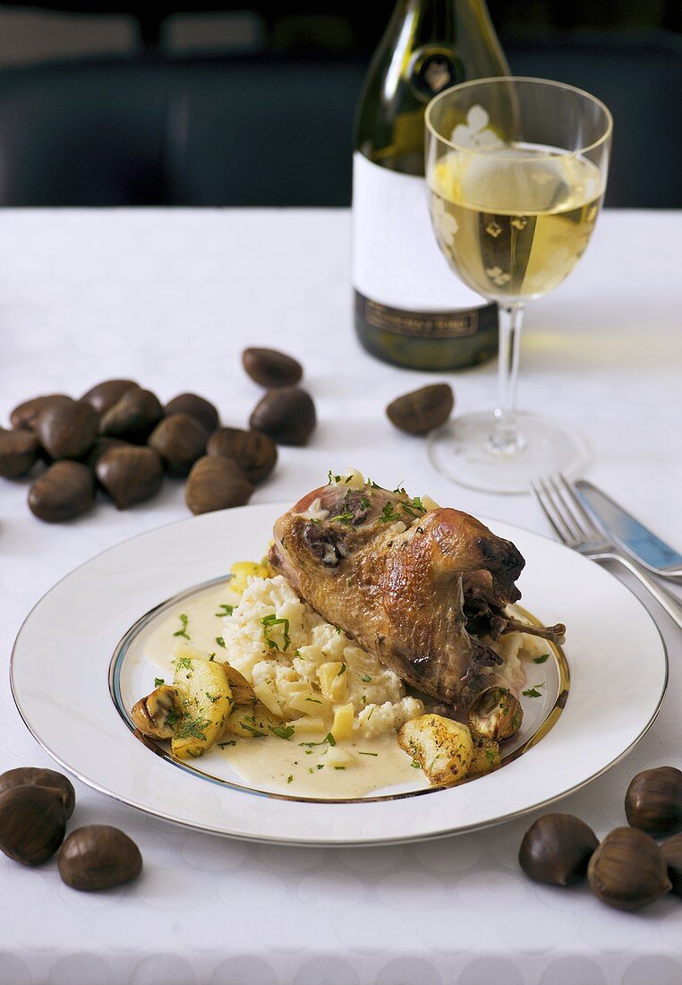 Partridge with apple sauce on celeriac puree