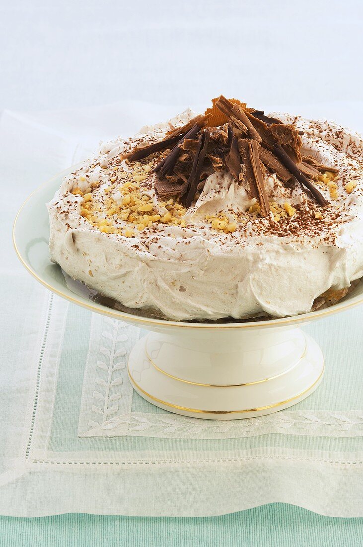 Chocolate cream cake on cake stand