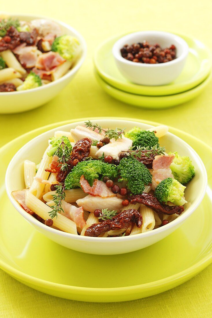 Pasta with chicken, pancetta, broccoli, dried tomatoes & red peppercorns
