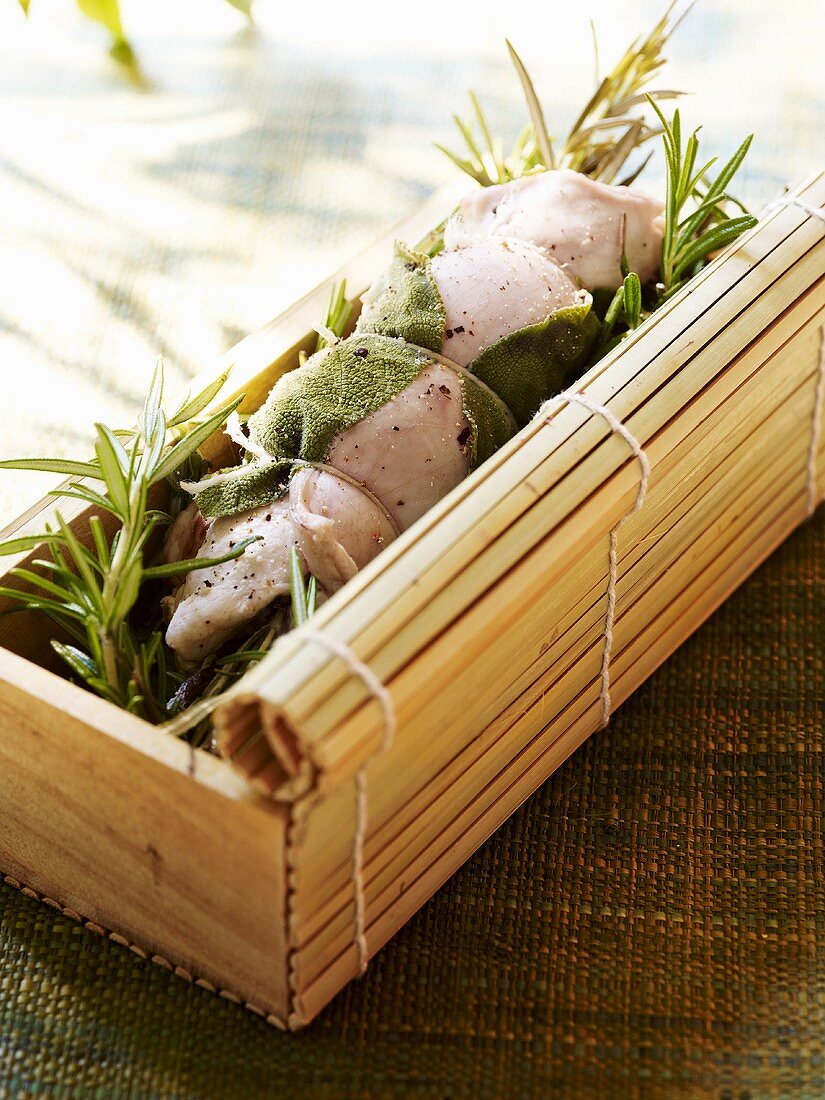 Skewered rabbit with rosemary and sage