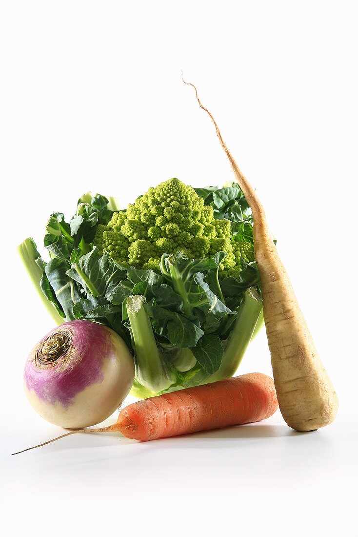 Romanesco broccoli, parsnip, carrot and turnip