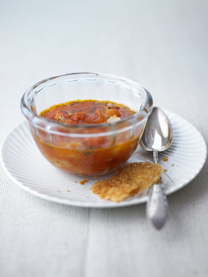 Tomato and pear soup with Parmesan crisps