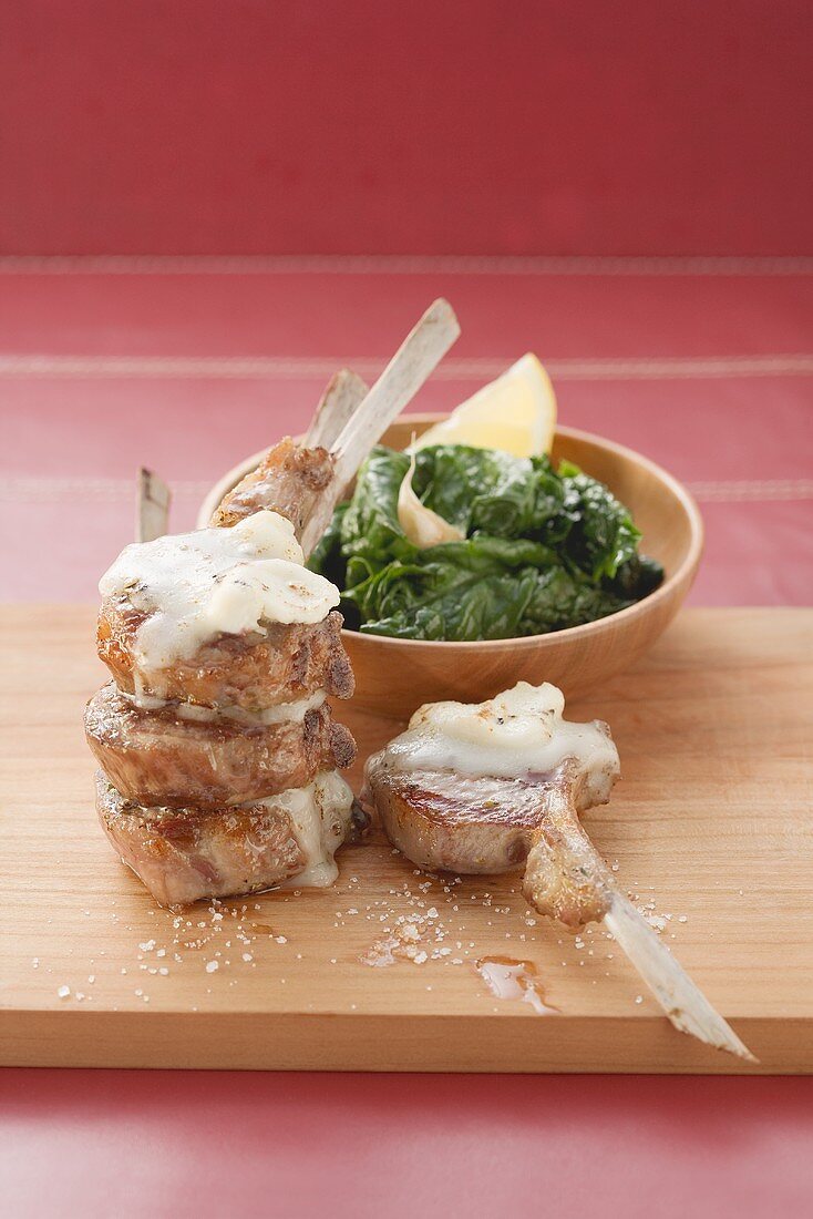 Lamb chops with grilled goat's cheese and spinach