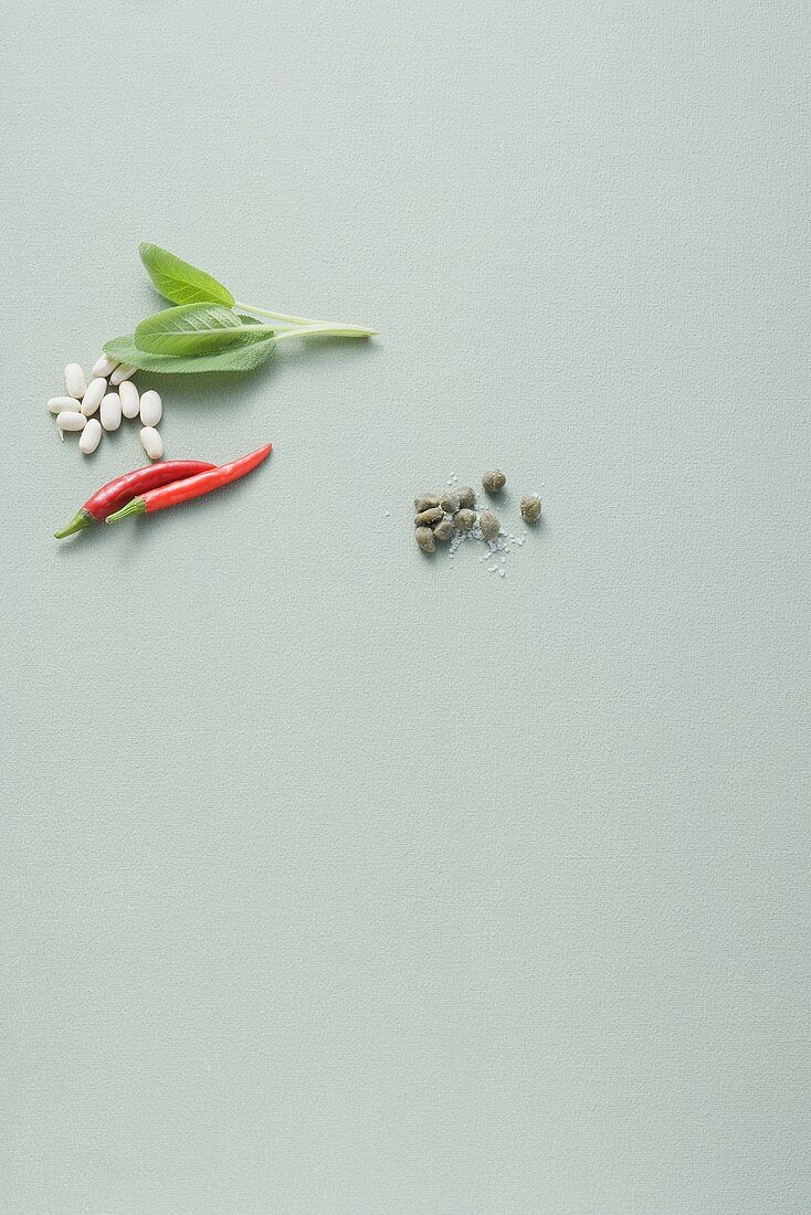 Chilischoten, weiße Bohnen, Salbeiblätter & Kapern mit Salz
