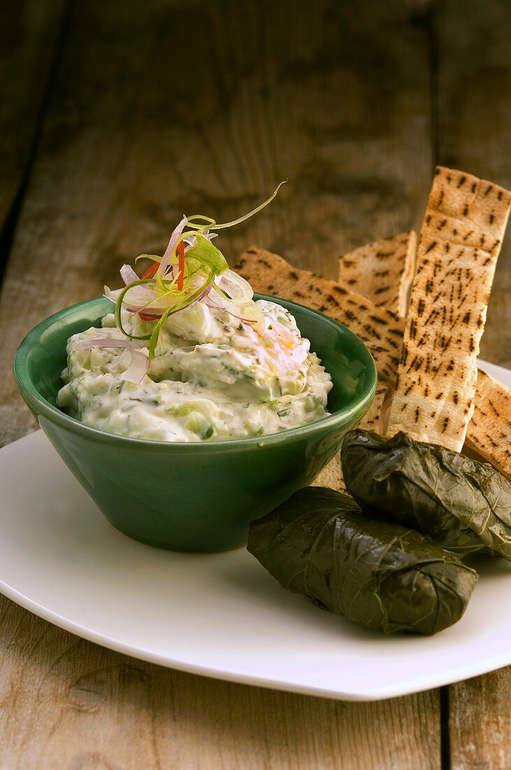 Tzatziki and stuffed vine leaves