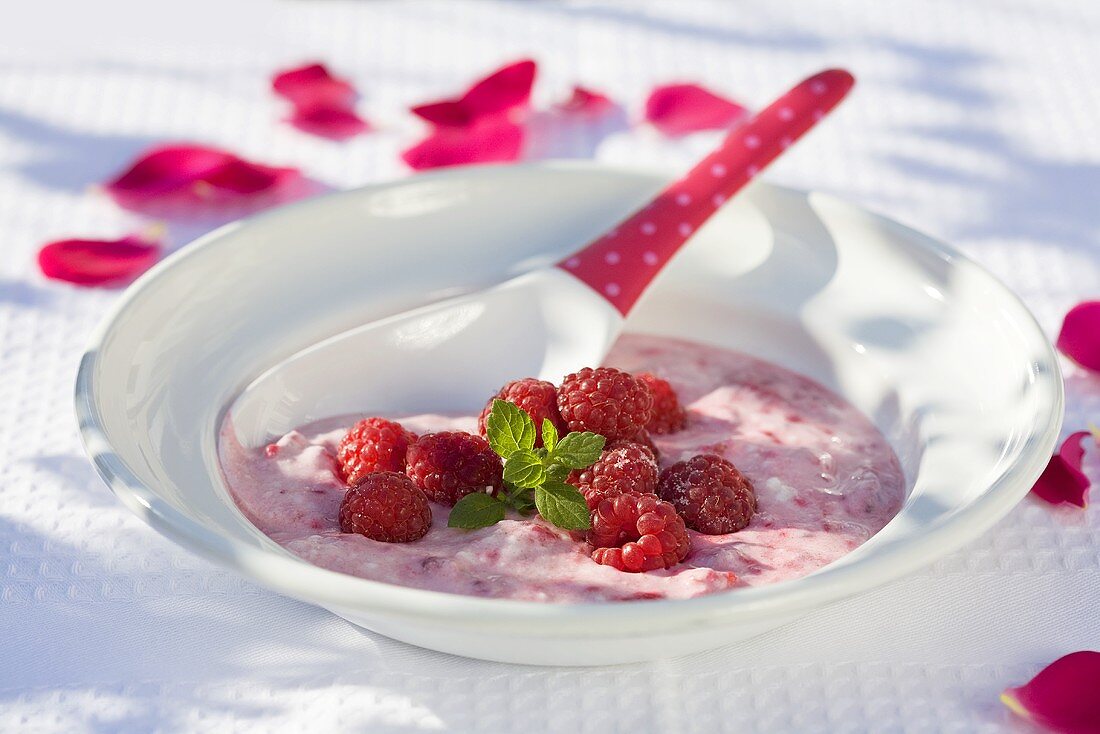 Raspberry yoghurt with fresh raspberries