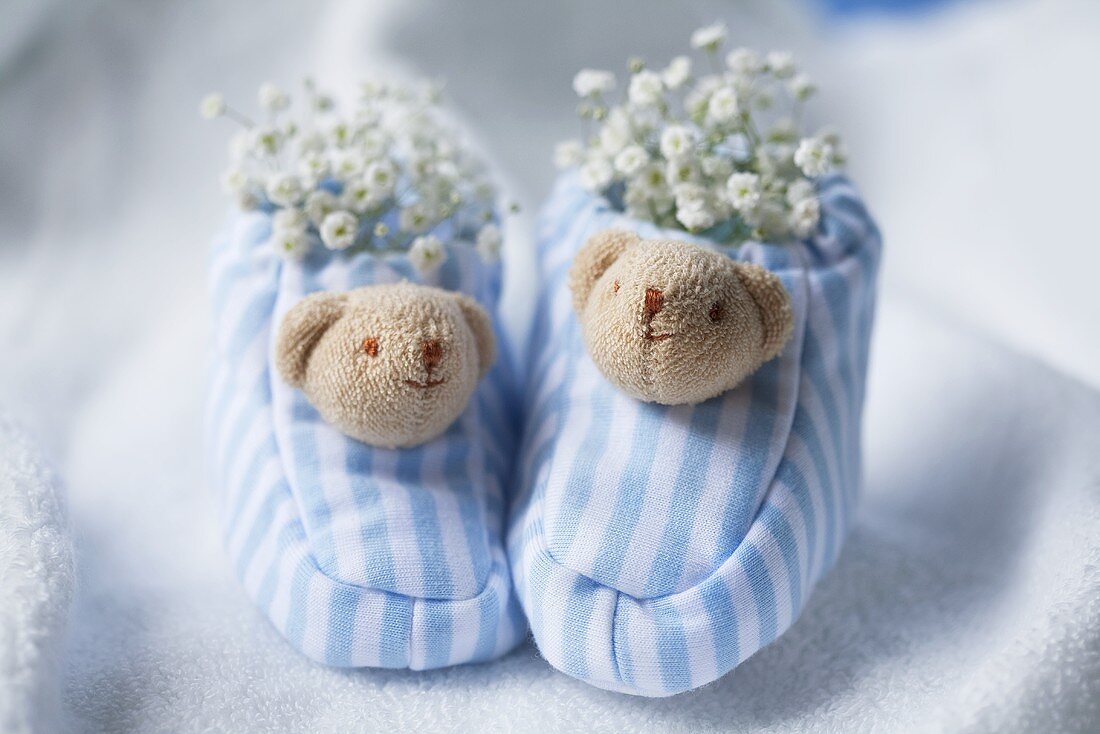 Blue and white baby shoes with gypsophila