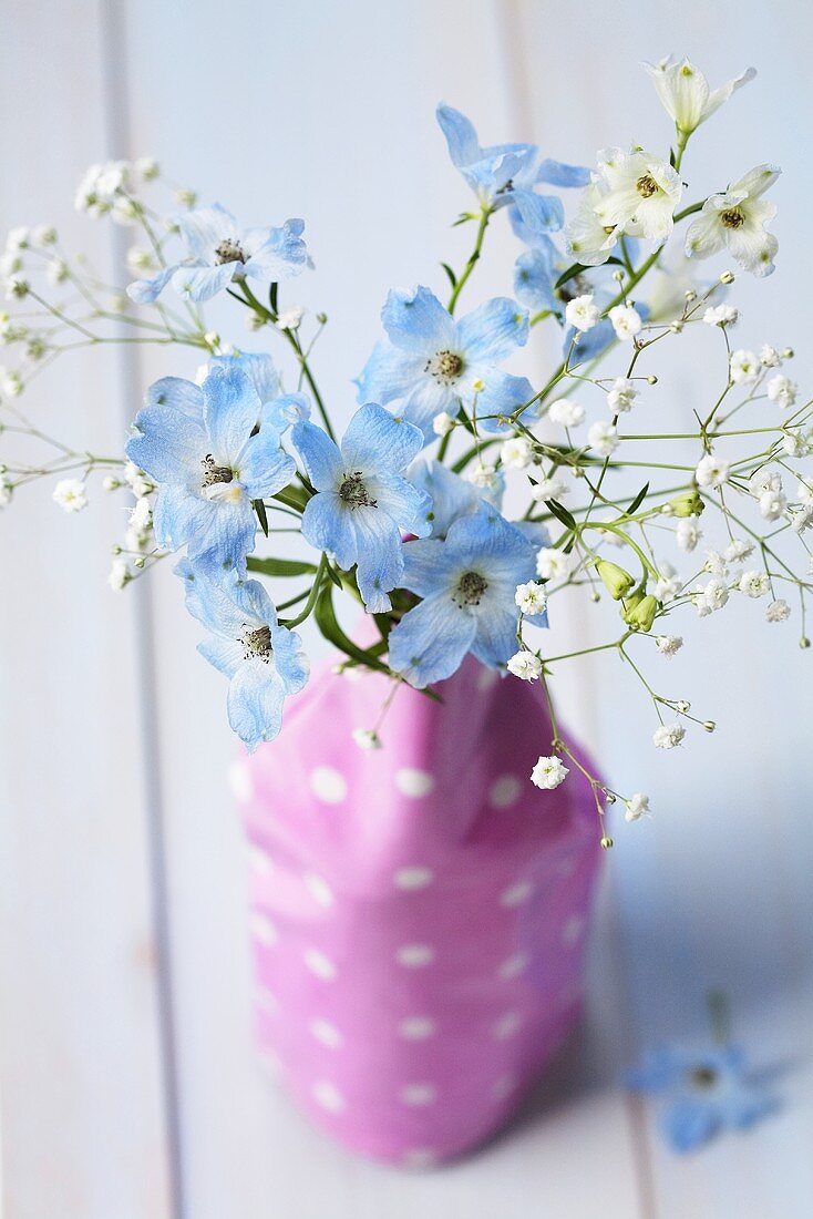 Delphinium and gypsophila in a vase