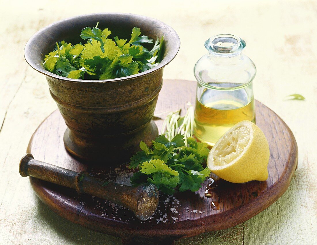 Ingredients for chermoula (herb marinade, Morocco)