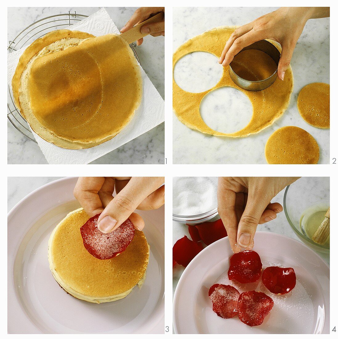 Making Palatschinken (crepe) cakes with rose petals