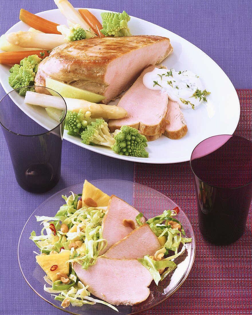 Turkey breast with spring vegetables and dip