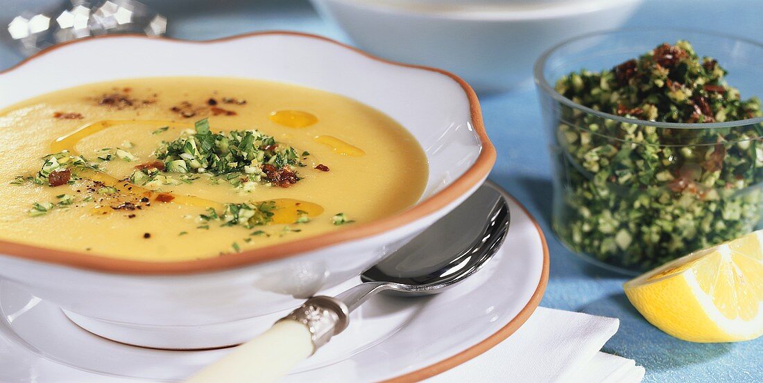 Potato soup with courgettes and gremolata