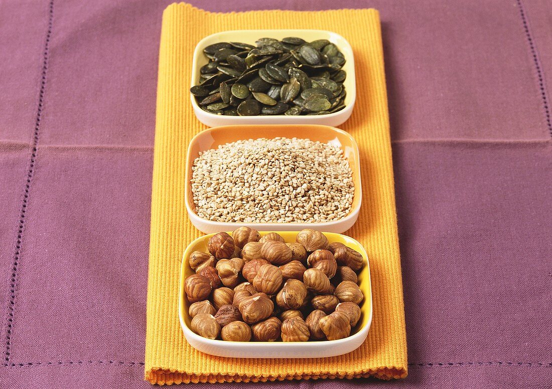 Hazelnuts, sesame seeds and pumpkin seeds