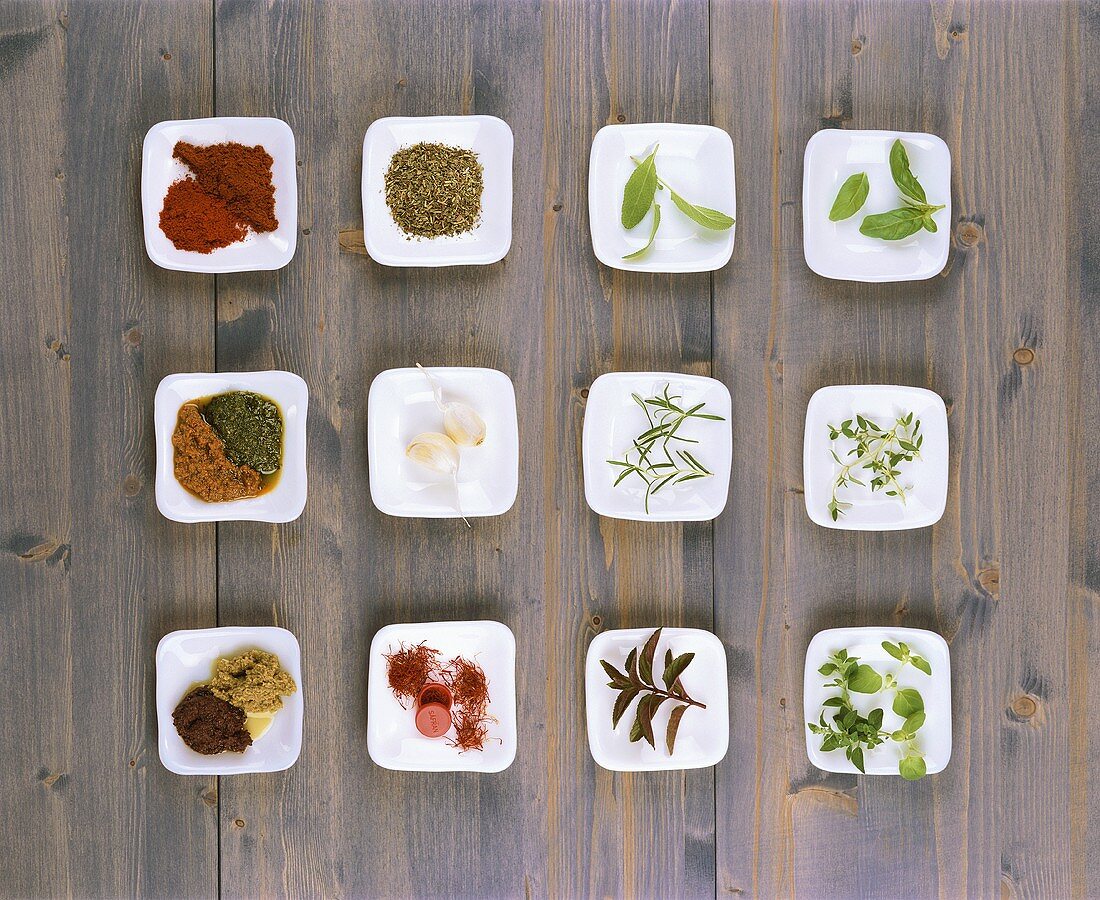 Assortment of herbs & spices used in Mediterranean cuisine