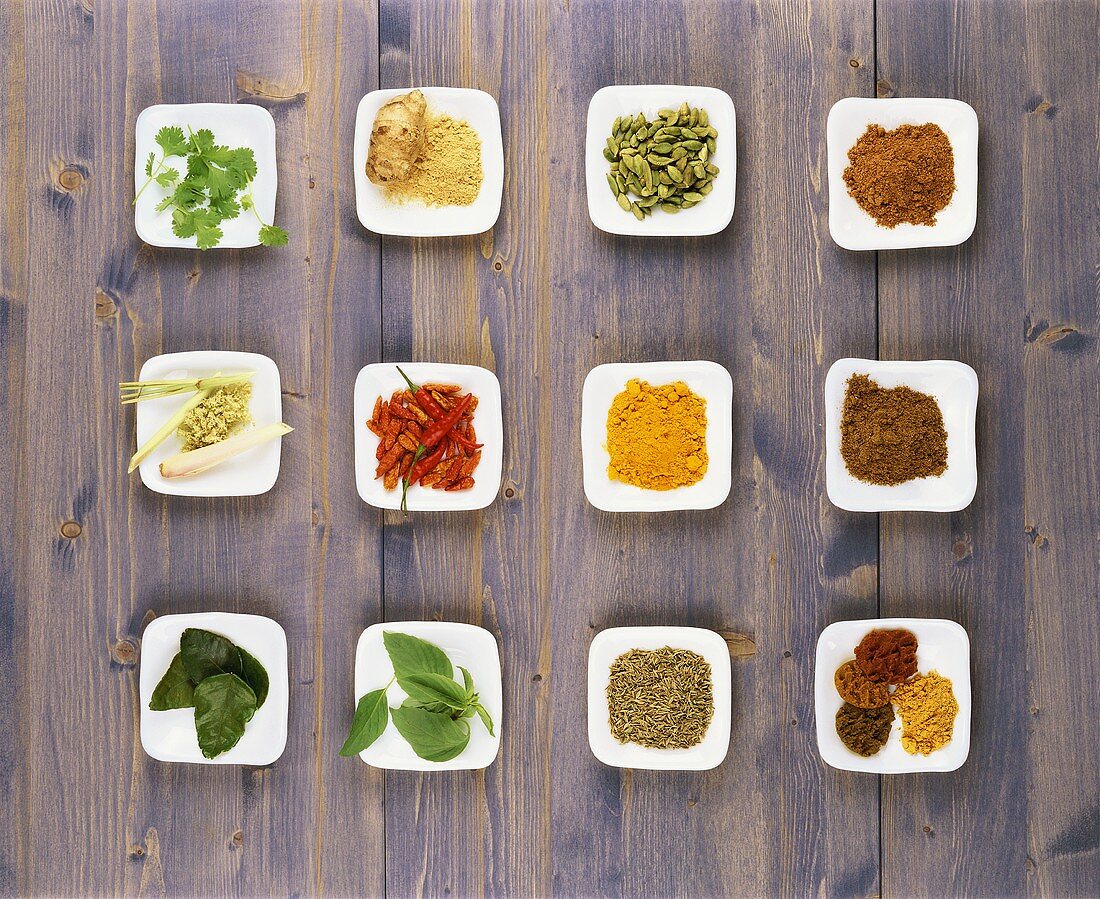 An assortment of herbs and spices used in Asian cuisine