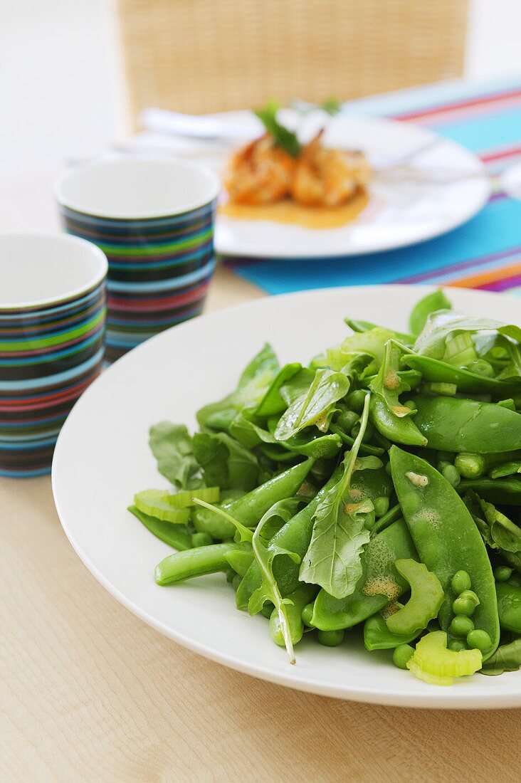 Mangetout, sugar snap pea and celery salad