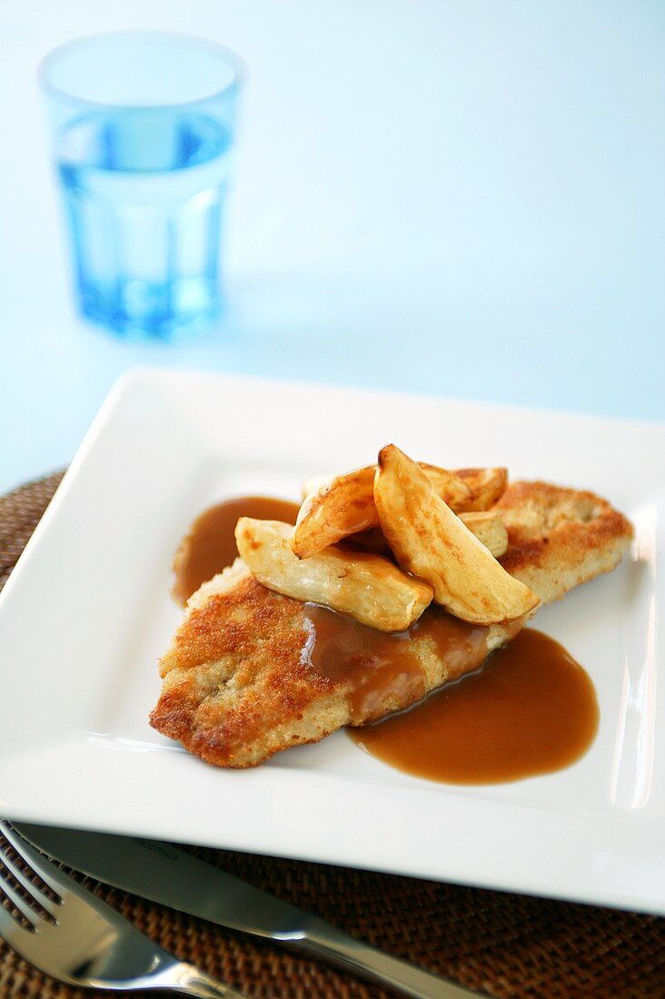 Fish and chips with gravy (UK)