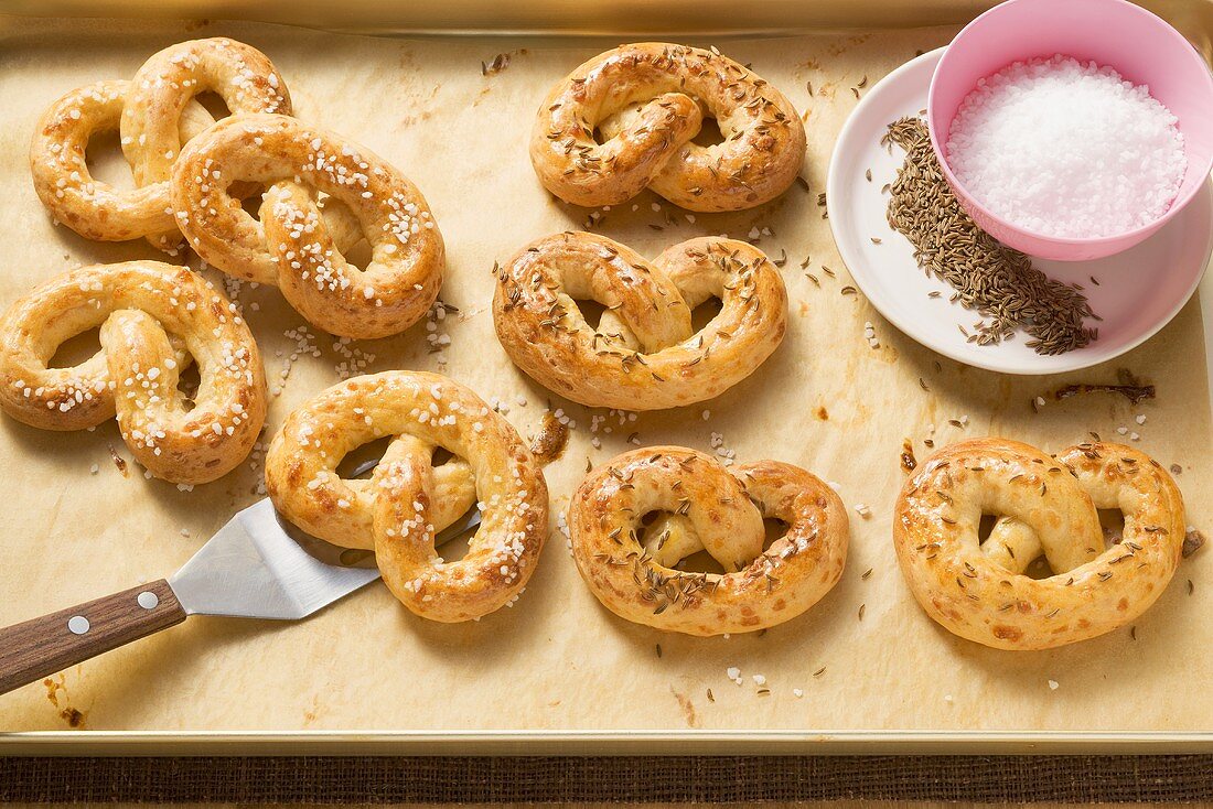 Cheese pretzels with caraway and salt