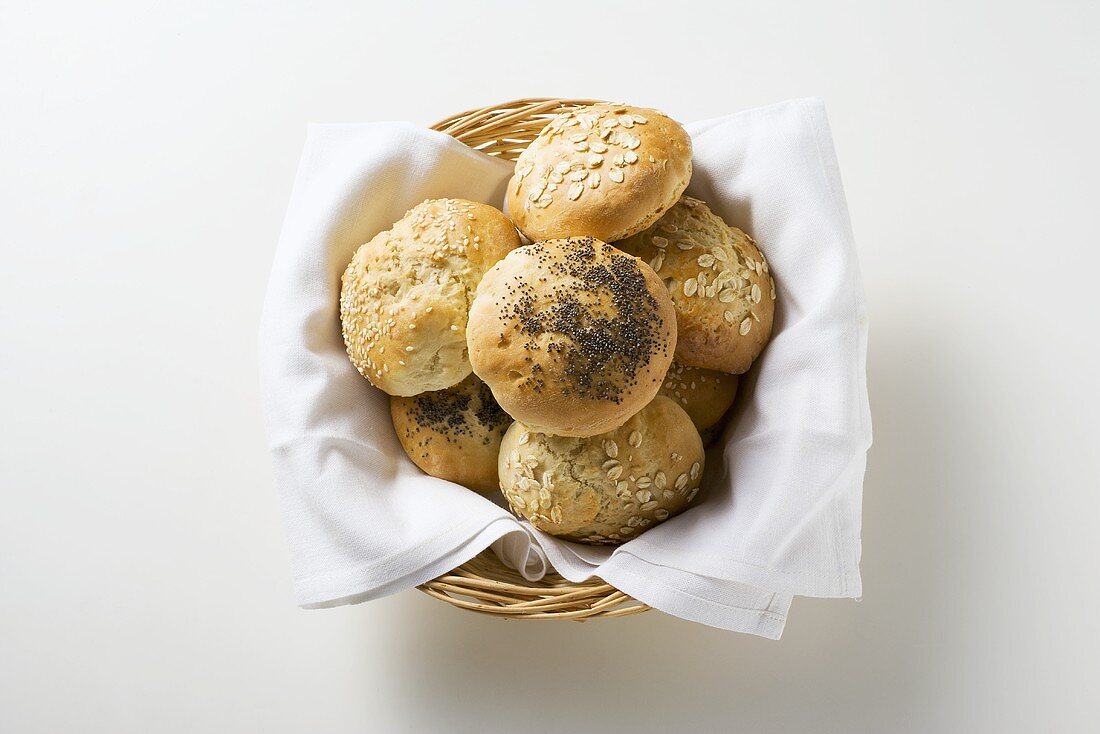 Home-made bread rolls in a bread basket