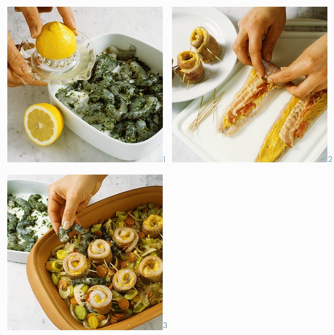Seelachsröllchen mit Speck, Garnelen und Gemüse zubereiten