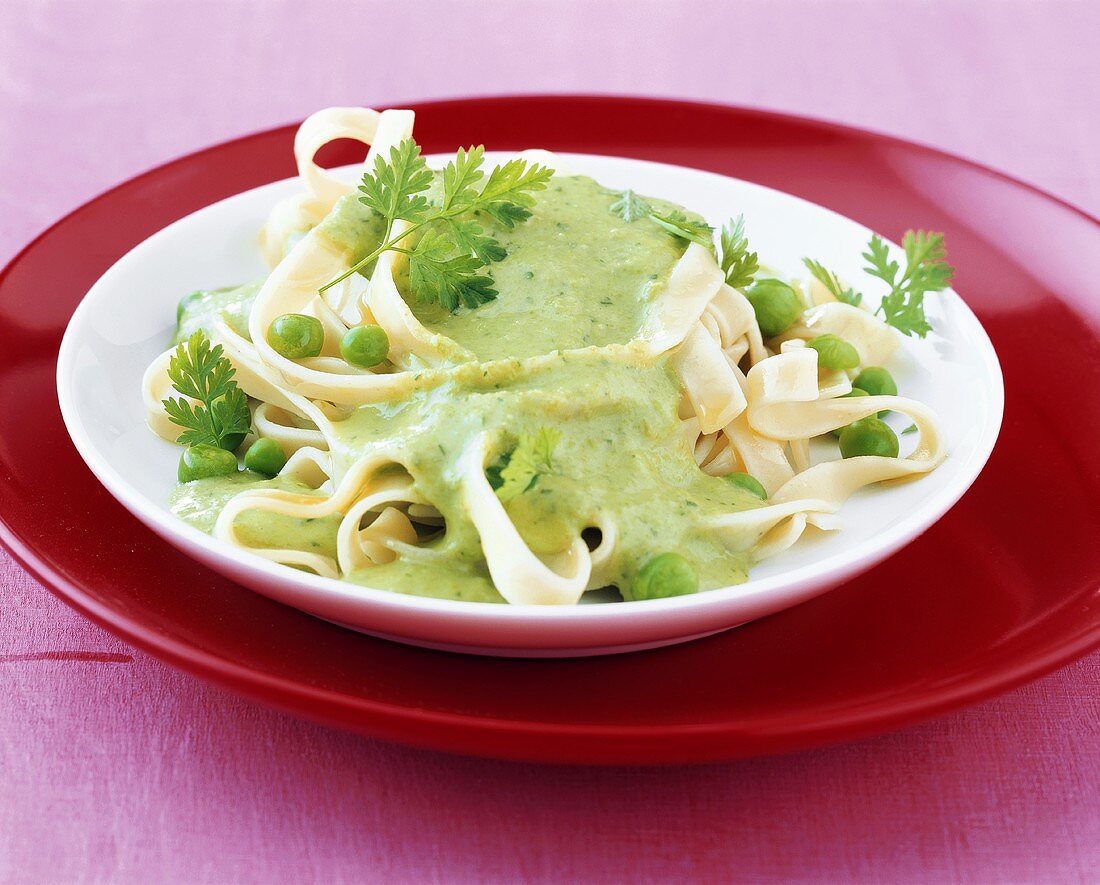 Ribbon pasta with pea and chervil sauce