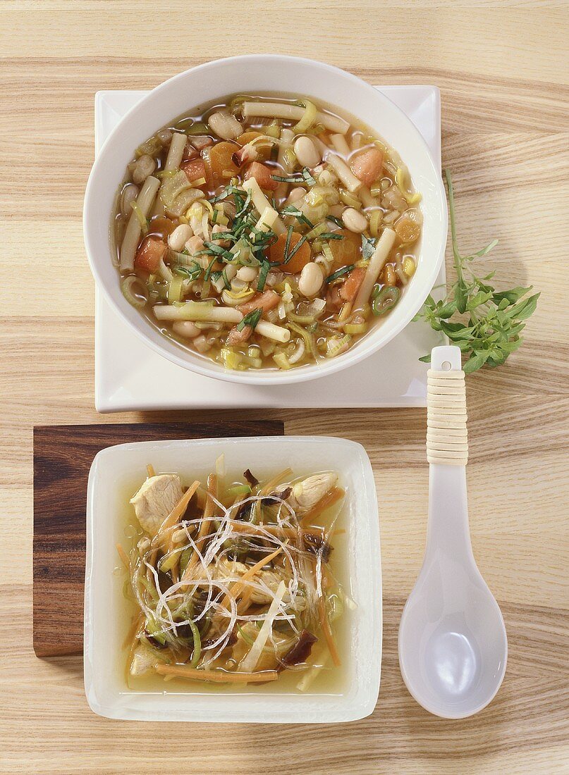 Minestrone and chicken soup with glass noodles & mushrooms